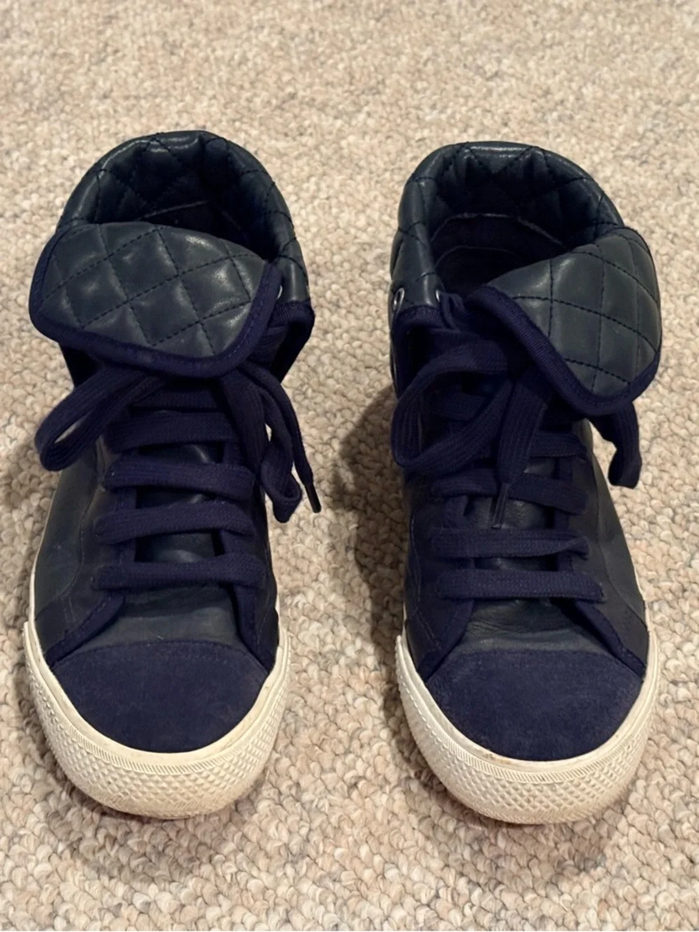 Tory Burch Quilted Navy High-Top Leather Sneakers